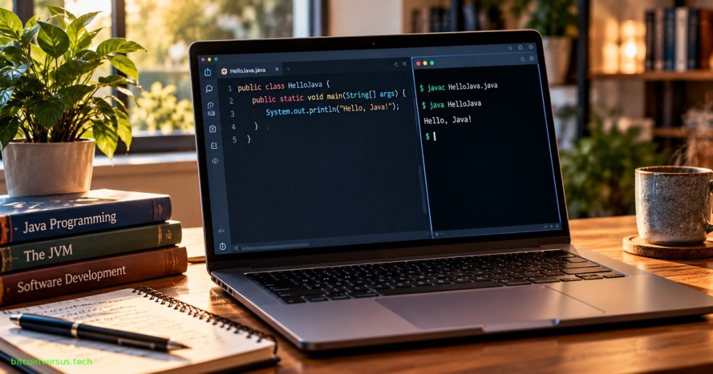 Photorealistic Java programming workstation showing a Java source file and terminal compiling and running Hello Java