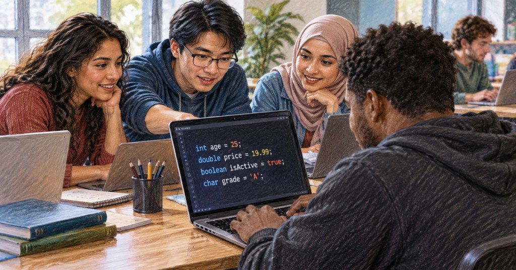Diverse students learning Java primitive types and variables on a laptop in a colored-pencil classroom scene