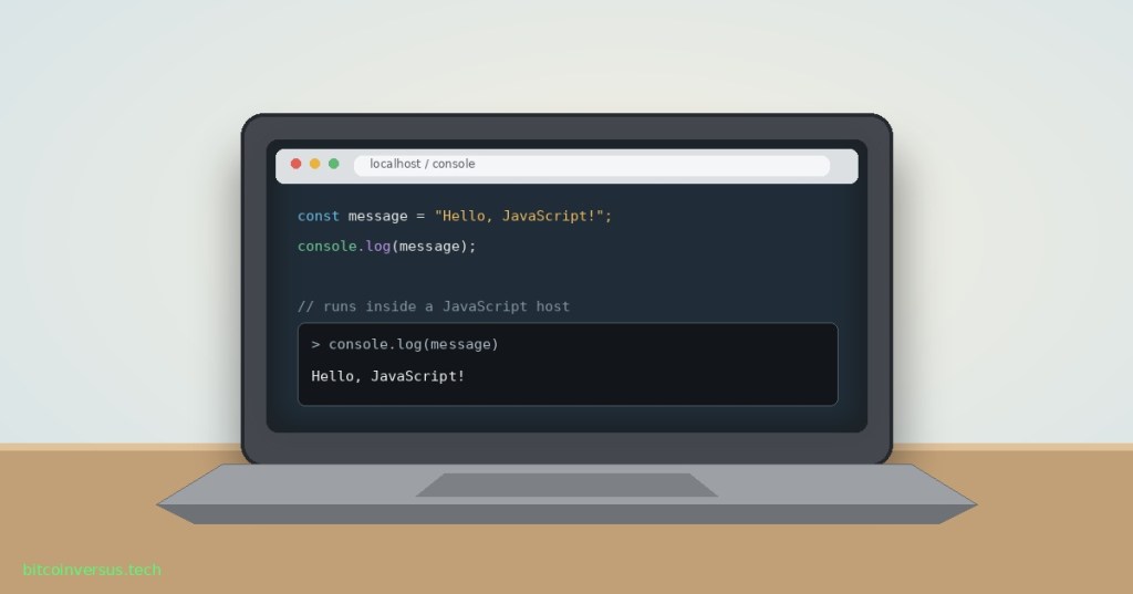 Editorial illustration of a laptop running JavaScript in a browser console