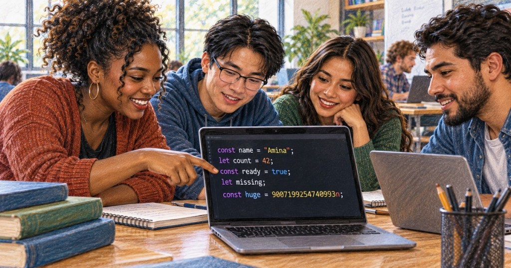 Diverse students learning JavaScript values and primitive types around a laptop in a realistic colored-pencil classroom scene
