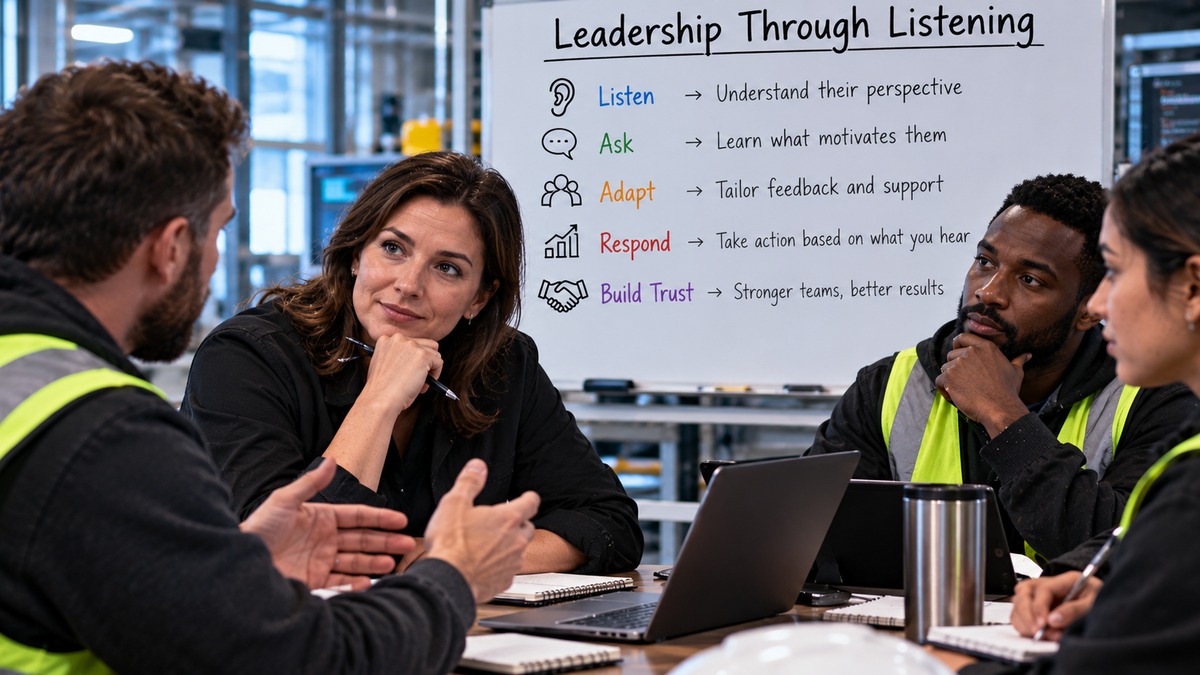 A diverse industrial-office team practicing leadership through listening beside a whiteboard showing Listen, Ask, Adapt, Respond, and Build Trust.