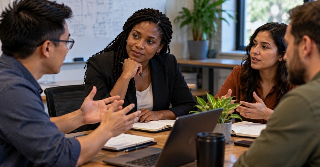 A diverse leadership team in a realistic office meeting, with a Black woman leader listening attentively as Asian, Latino, and other colleagues contribute.