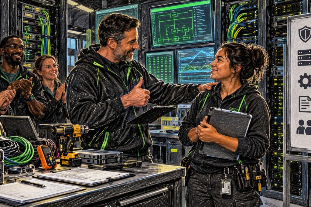 Colored-pencil illustration of a technical leader recognizing a technician’s successful work while teammates applaud in a data center.
