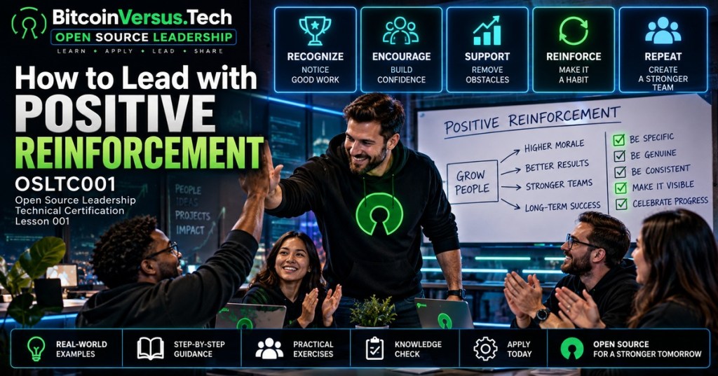 Open Source Leadership lesson cover showing a technical team celebrating successful work while a leader reinforces specific positive behaviors.