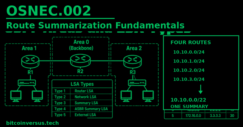 Black and uniform dark-neon-green OSNEC.002 route summarization cover showing multiple routes aggregated into one summary route