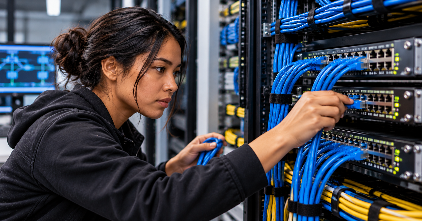 Network technician checking switch connections during routing validation
