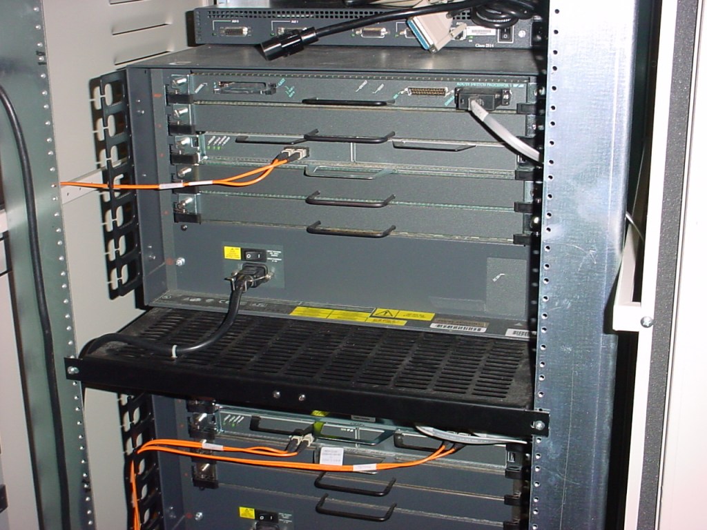 Network core routers installed in a campus network rack