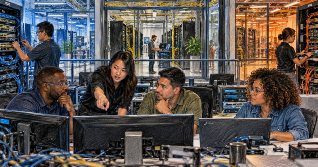 Diverse network engineering team working in a modern network operations center with server racks and structured cabling
