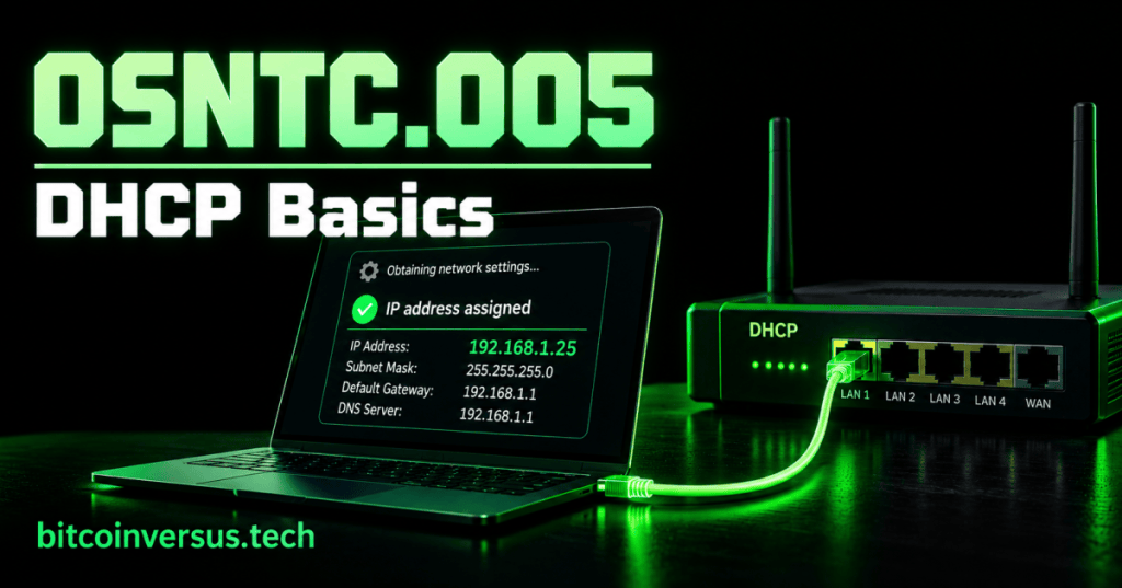 Minimal black and neon-green OSNTC.005 DHCP Basics cover showing a laptop receiving network settings from a DHCP router