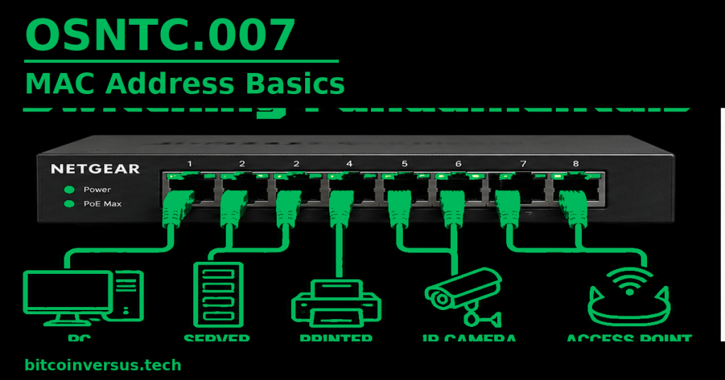 Black networking lesson cover with solid dark neon-green OSNTC.007 title, Ethernet switch and connected devices