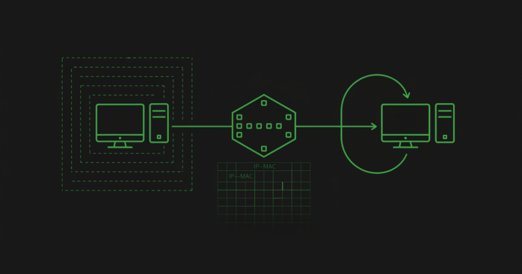 Minimal black and neon-green network illustration representing ARP mapping an IPv4 address to a MAC address.