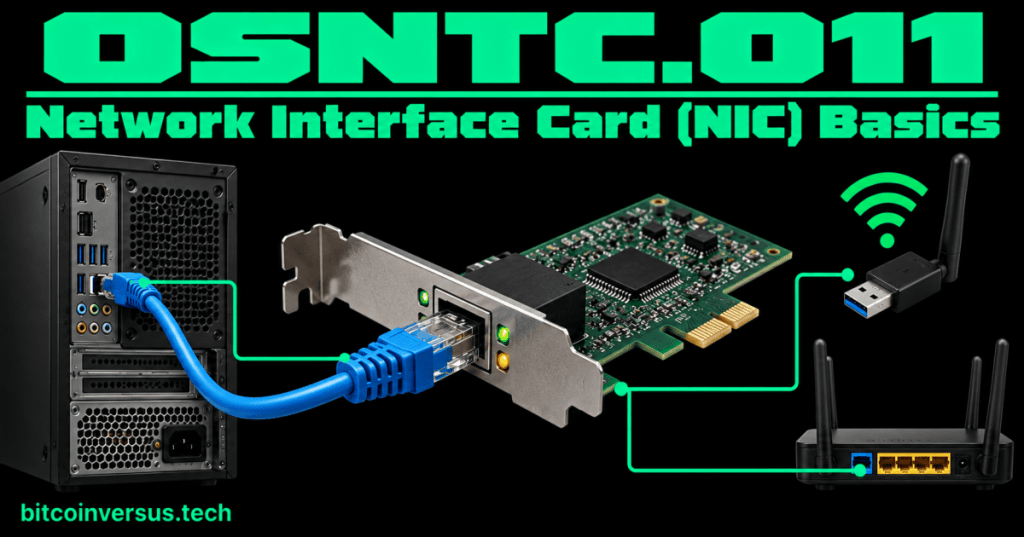 OSNTC.011 cover showing a desktop computer, Ethernet network interface card, RJ45 cable, USB Wi-Fi adapter, and router