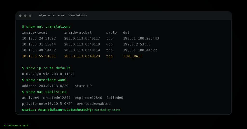 Realistic network router terminal showing NAT and PAT translations on a black canvas with a small neon-green Bitcoinversus.tech tag at lower left.