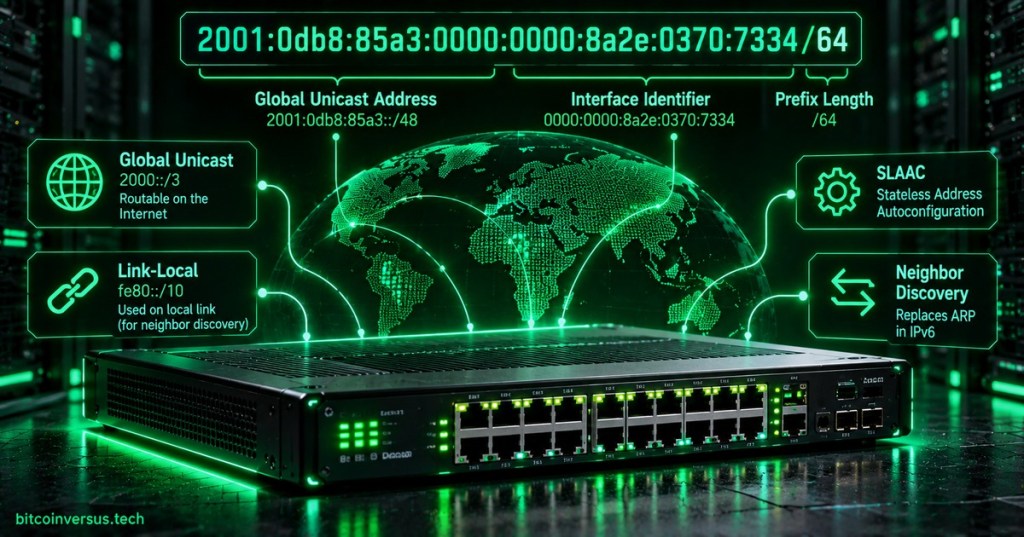 IPv6 networking lesson cover showing a network switch, IPv6 prefix, global unicast, link-local, SLAAC, and neighbor discovery in neon green.