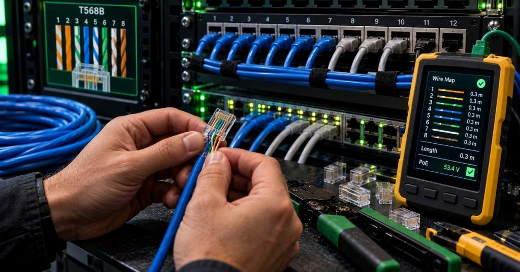 Realistic data-center technician hands terminating a blue copper Ethernet cable into an RJ45 plug beside a rack switch, patch panel, T568B diagram, cable tester, and PoE measurement.