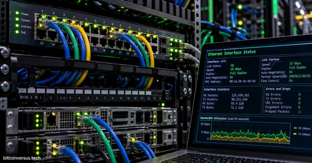 Realistic data center Ethernet switch and server interfaces with link LEDs, cabling, and a 10 Gbps full-duplex interface status dashboard.
