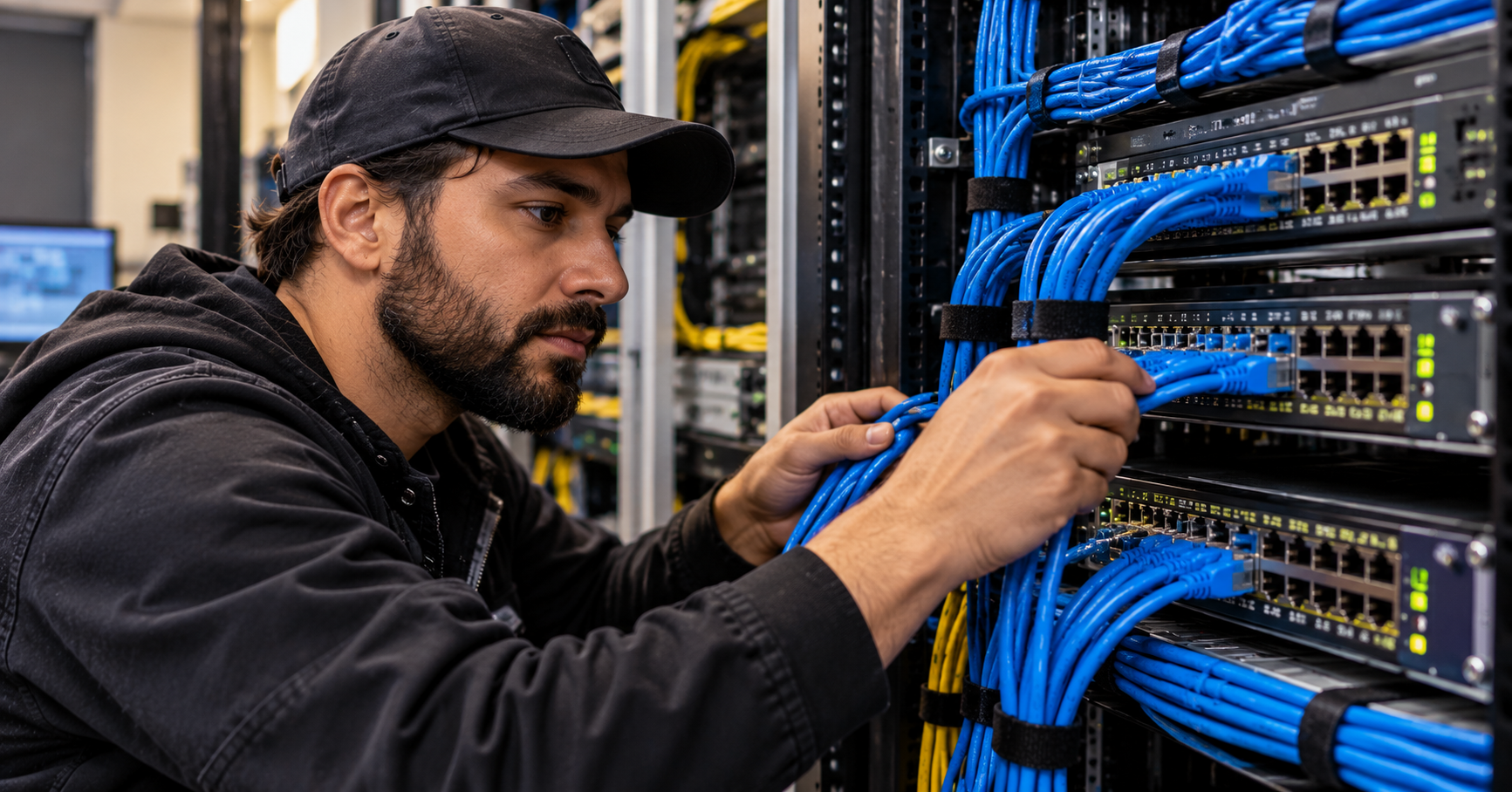 Technician inspecting blue Ethernet connections in a switch rack