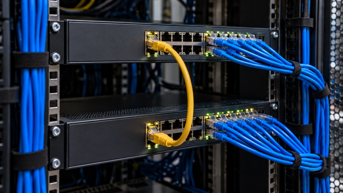 Close-up realistic photograph of Ethernet switch ports and connected network cables for VLAN trunking and inter-VLAN routing instruction.