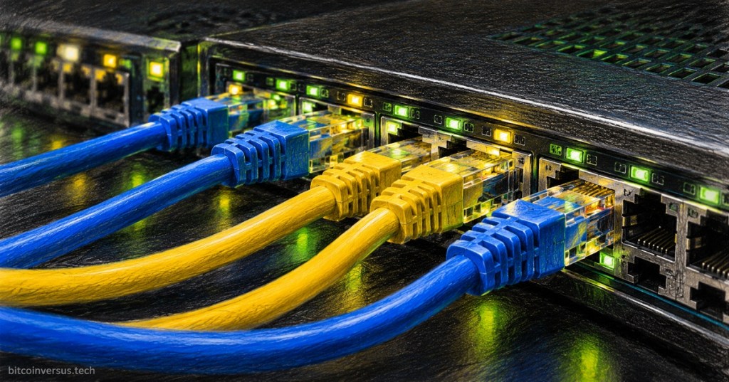Realistic color-pencil illustration of a network switch with Ethernet cables connected to multiple ports for a VLAN trunking lesson.