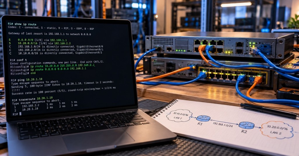 Realistic networking lab with routers, switches, Ethernet cables, a laptop showing routing table output, static routes, ping and traceroute, and a notebook sketching a two-router network.
