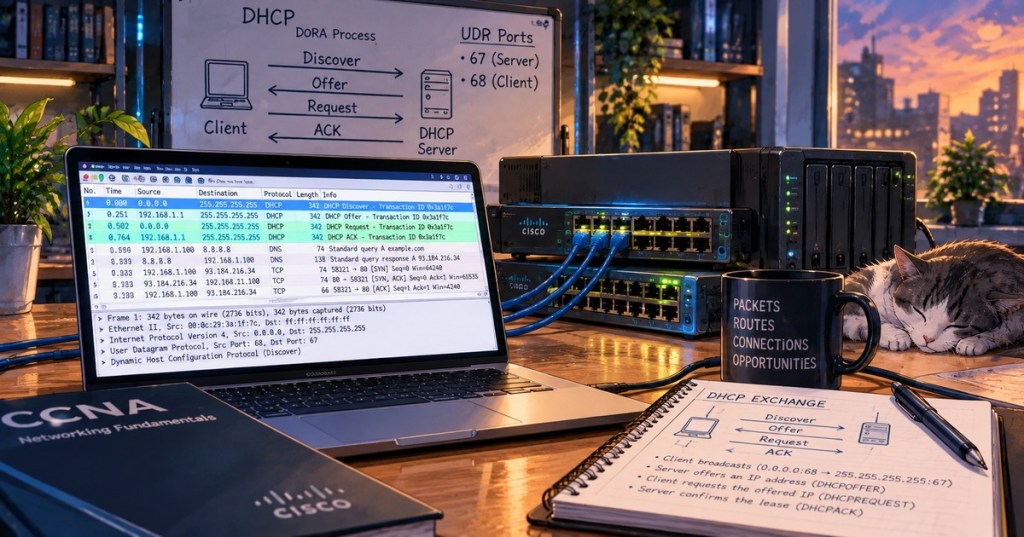 Anime-style networking lab with a laptop showing DHCP packet captures, network switches, a DHCP server, blue Ethernet cables, a whiteboard illustrating the Discover Offer Request Acknowledge process, and troubleshooting notes.