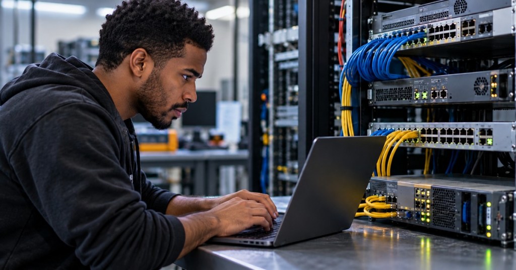 African American network technician configuring access control lists beside routers and switches in a data center