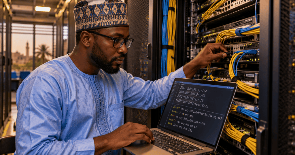 West African networking technician configuring IPv6 access controls on network switches in a data center