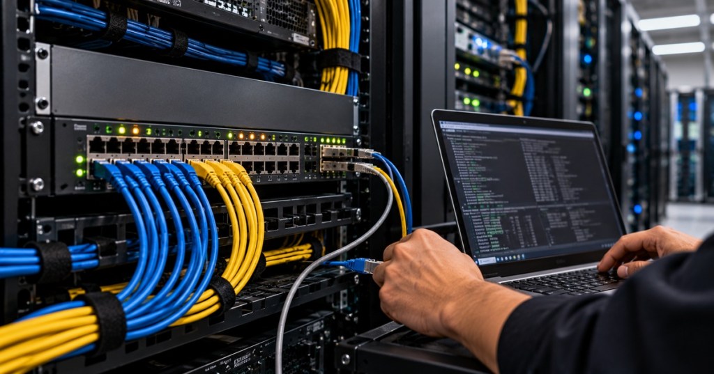 Network technician configuring an Ethernet switch in a server room with organized copper cabling and active link lights.