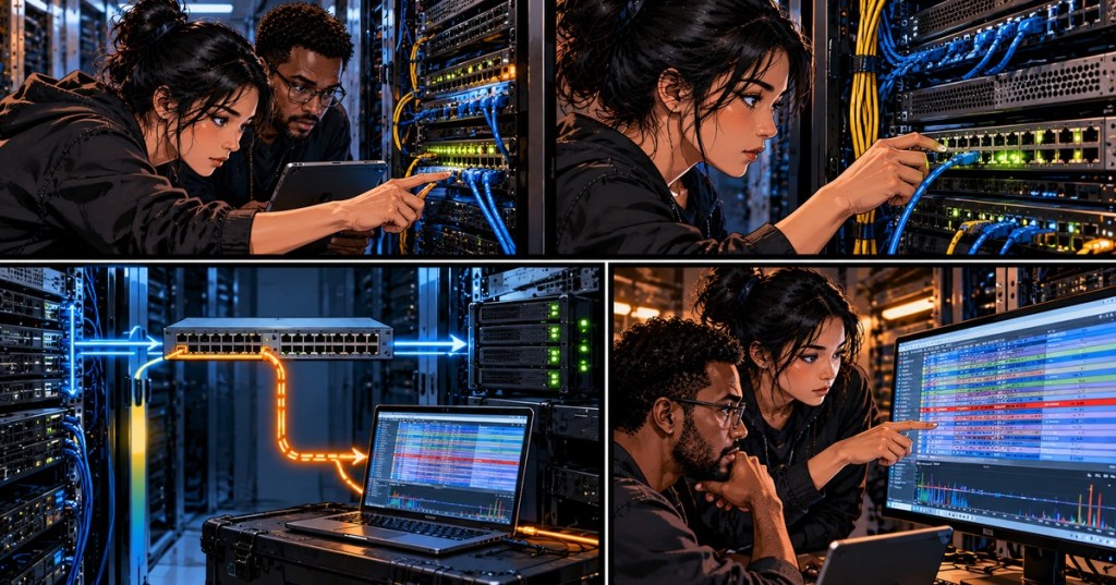 Original detailed wordless four-panel comic illustrating engineers connecting a network switch mirror port to a Wireshark capture laptop inside a data-center switch rack.