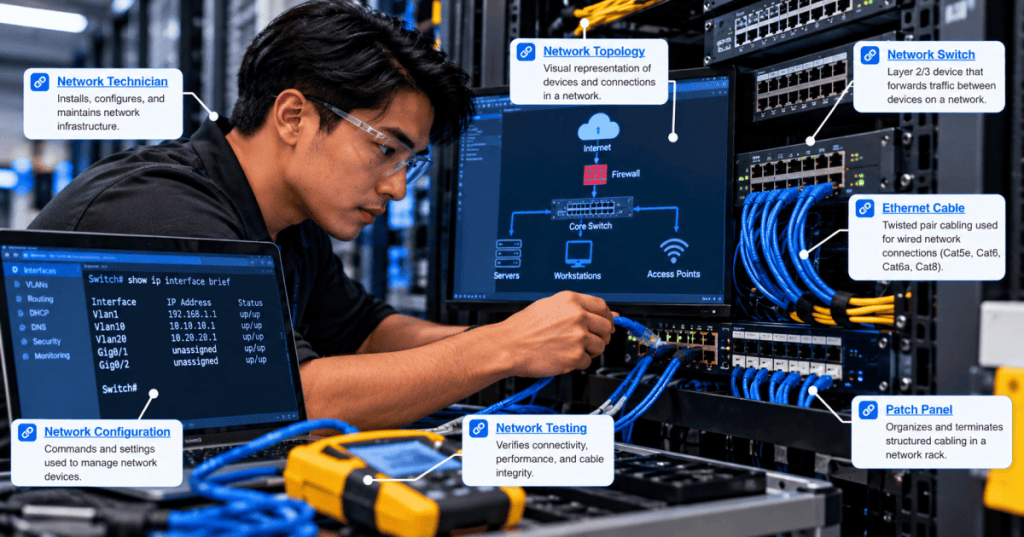 East Asian male network technician inspecting rack switches and Ethernet patch cabling during a topology audit