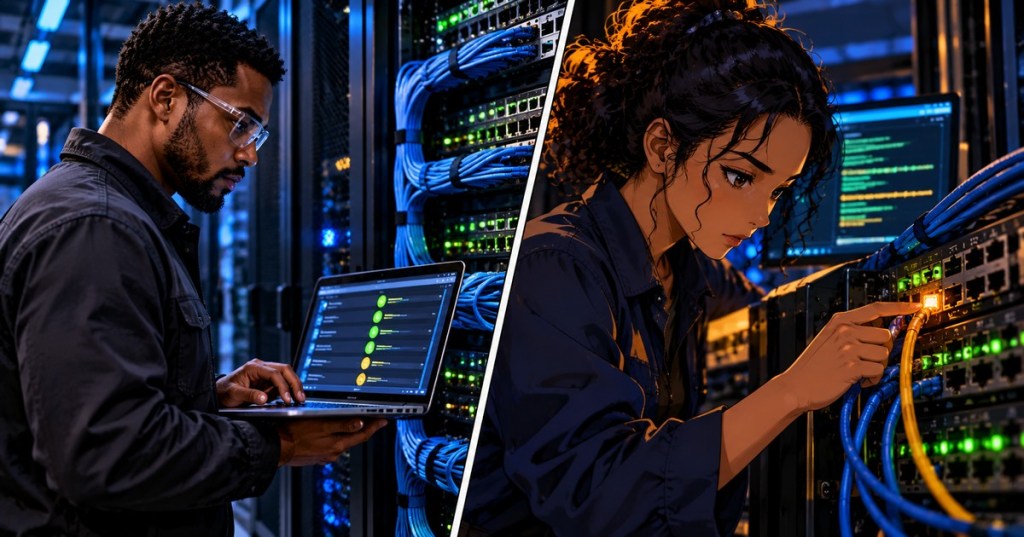 Split-screen data-center technicians examining authentication sessions and network switch ports