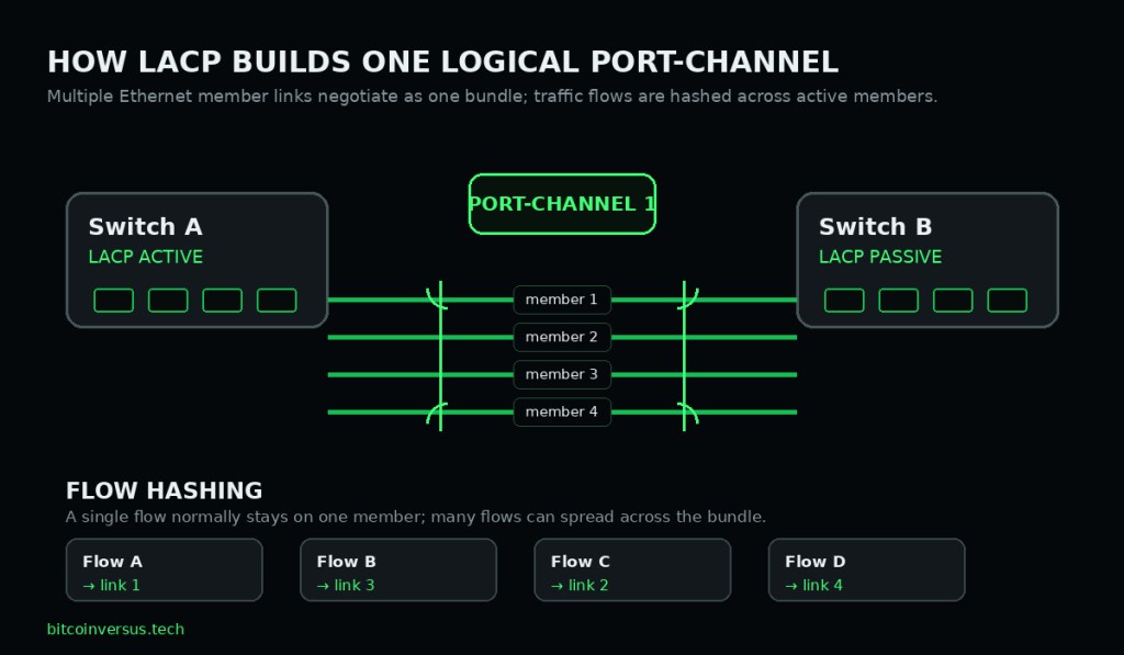 Technical diagram showing an LACP active switch and passive switch joined by four member links in one logical port-channel with flow hashing examples