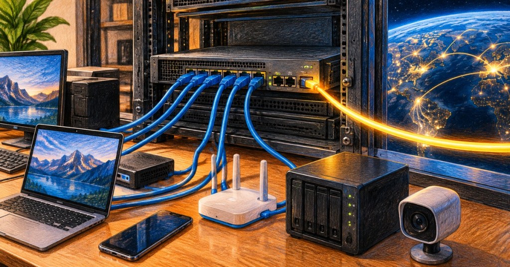 Original BitcoinVersus color-pencil illustration of an office router translating many local devices onto one internet connection