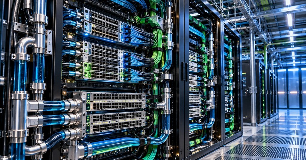 Liquid-cooled open networking switches and cabling in a modern AI data center, representing the Open Switch Platform Architecture initiative.