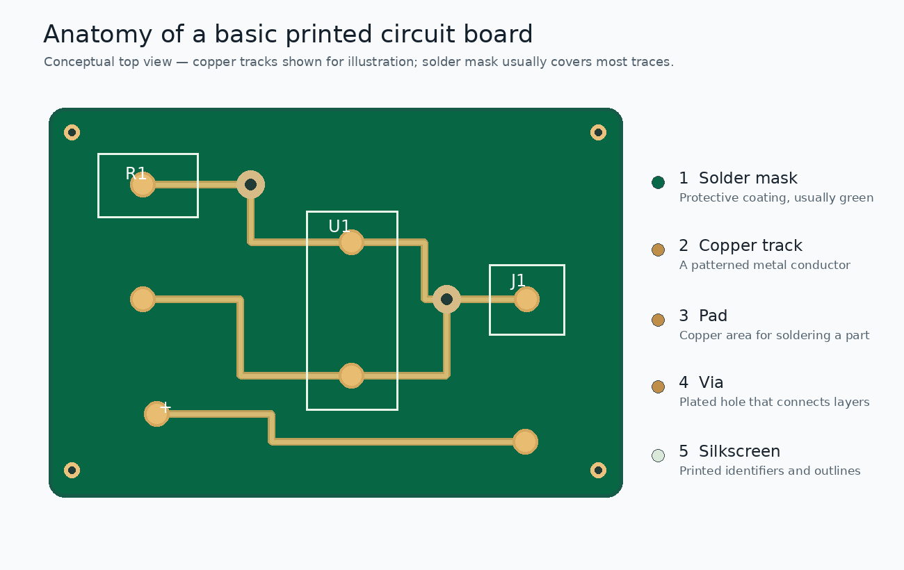 Instructional overview of a bare green PCB showing copper tracks, solder pads, vias, solder mask, and silkscreen; exposed tracks are conceptual.