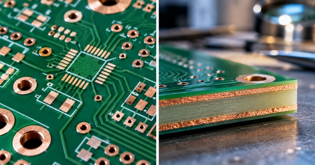 Original split-screen editorial macro view of a bare green printed circuit board: copper pads, holes and tracks at left, and a conceptual edge profile of copper and insulating layers at right.