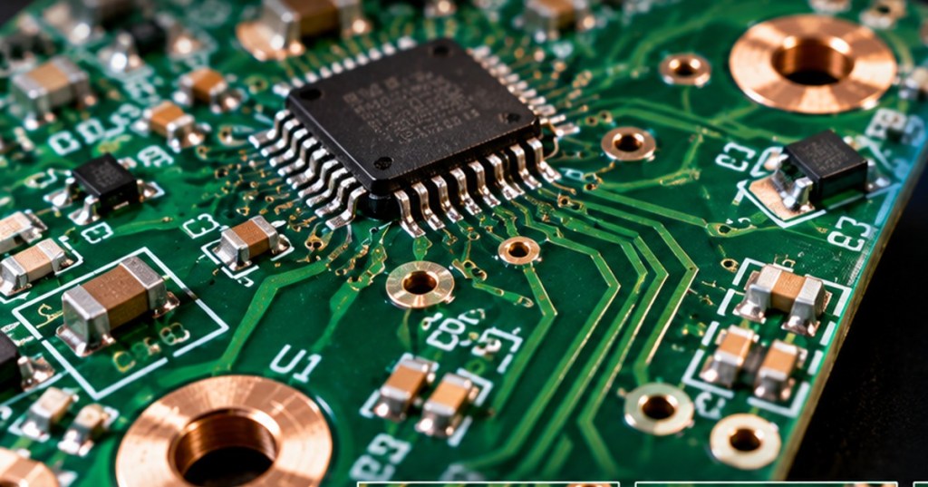 Macro view of copper vias and traces on a green printed circuit board.