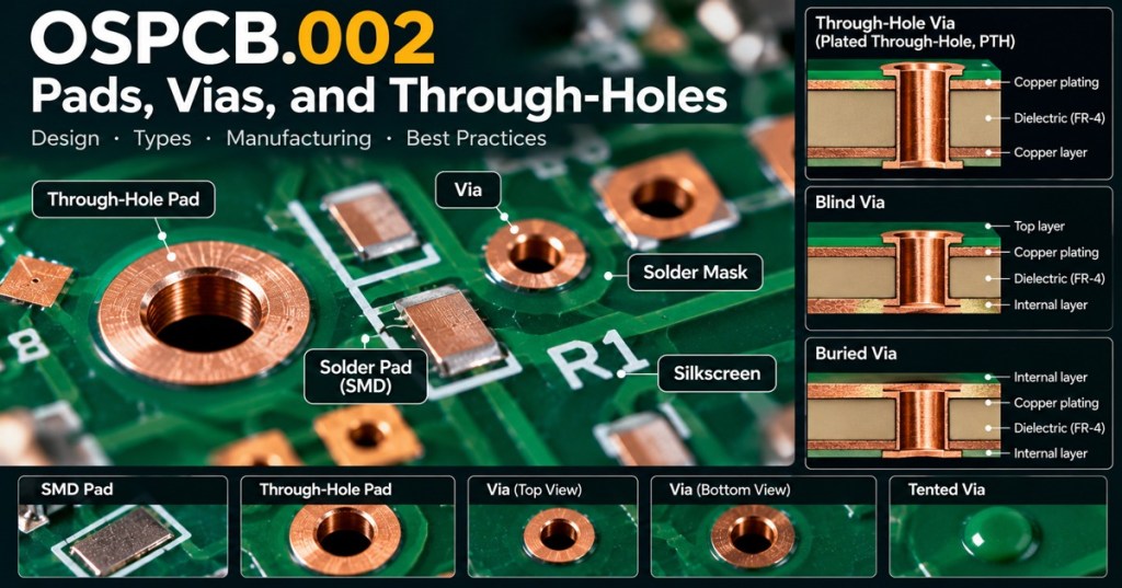 Conceptual PCB illustration of solder pads, vias and plated holes.