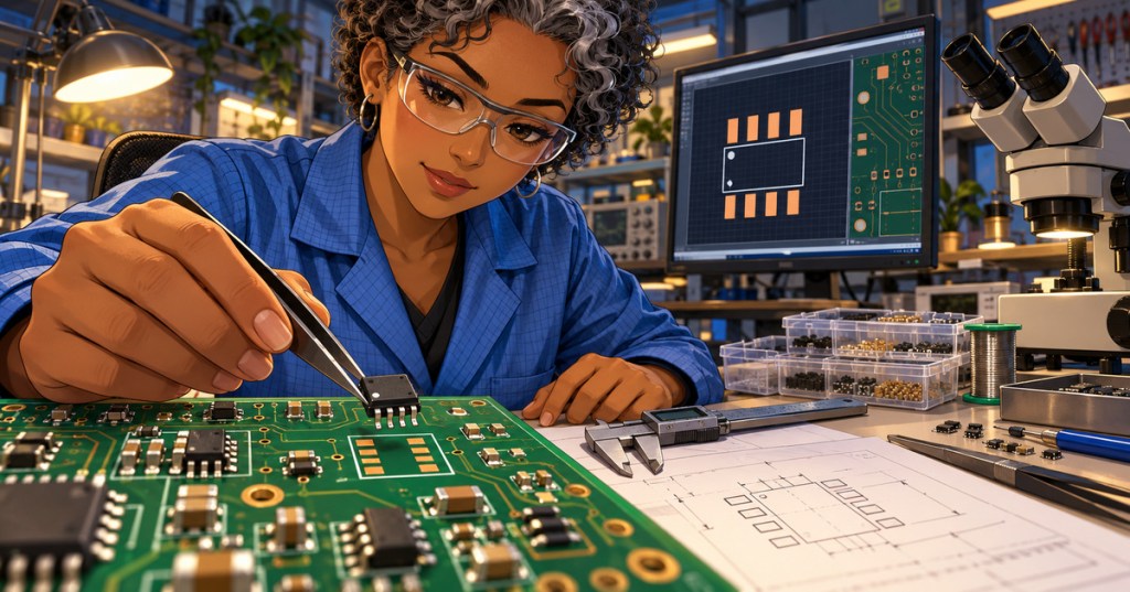 Original anime editorial illustration of an electronics technician matching an eight-lead integrated circuit to its PCB pads at a detailed laboratory bench.