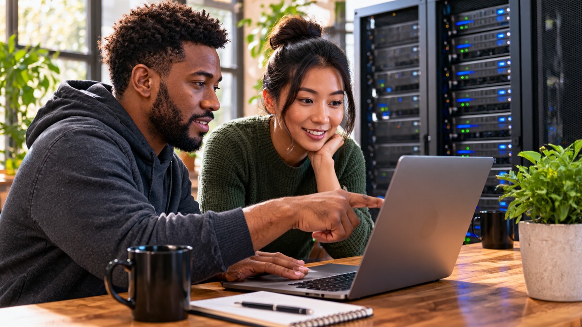 Two developers collaborating at laptops beside server racks in a bright modern tech workspace.
