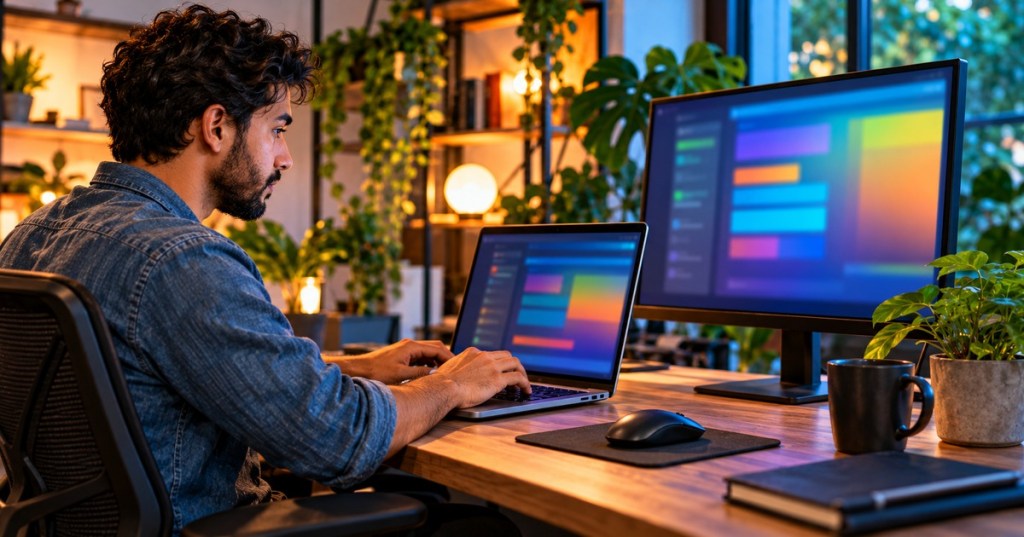 A developer working at a modern home-office workstation with abstract colorful screens and no visible text.