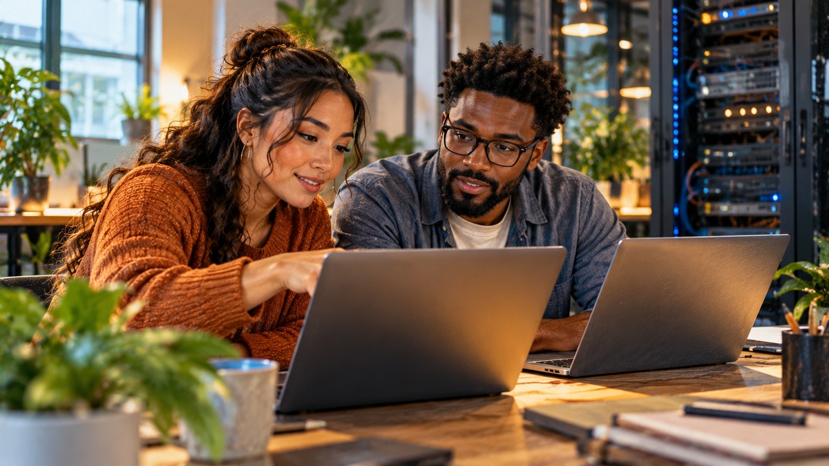 Two developers collaborating at laptops in a modern server workspace.