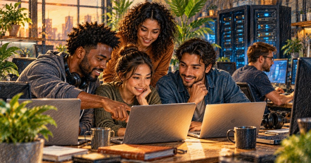 A diverse group of developers collaborating around laptops in a warm modern tech workspace.