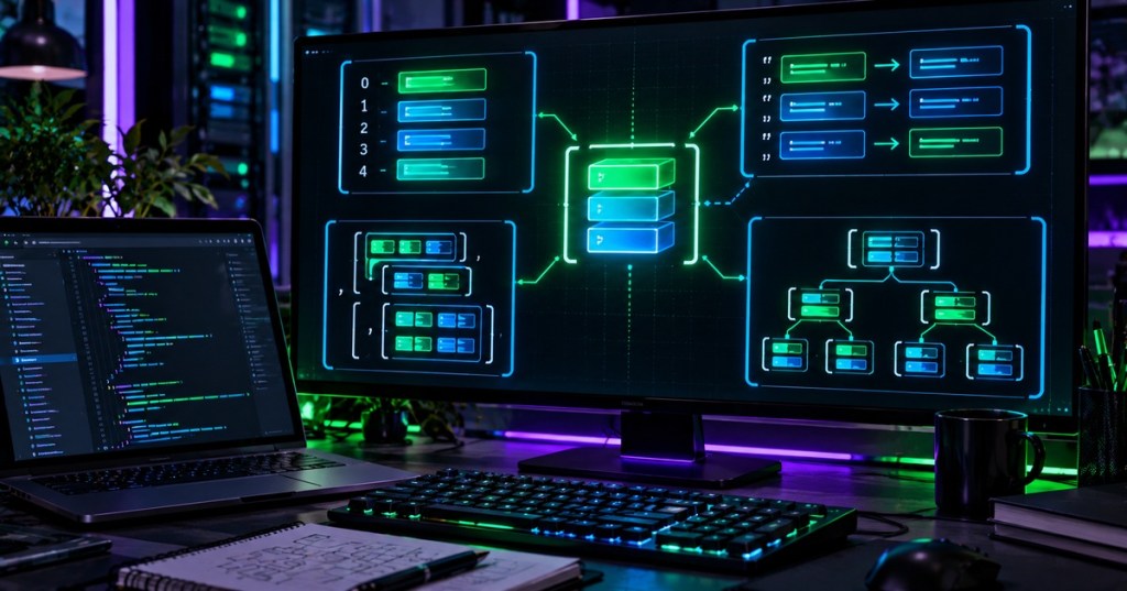 Dark neon programming workstation visualizing indexed, associative, and nested array structures on large monitors.
