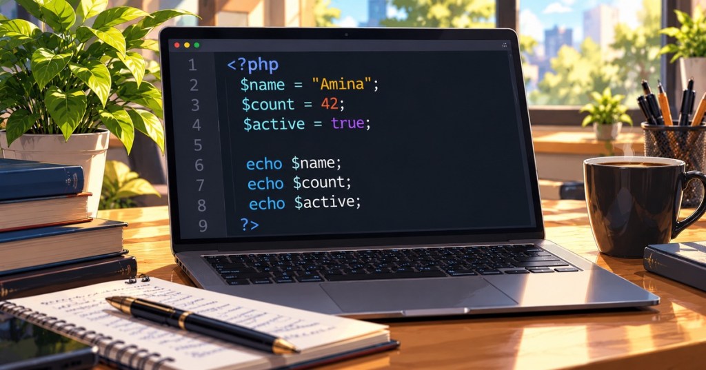 Anime-style laptop workspace showing PHP variables such as $name, $count, and $active in a dark code editor