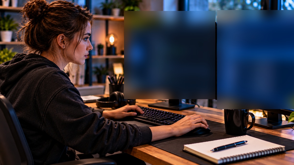 A developer working at a modern workstation with softly blurred monitors.
