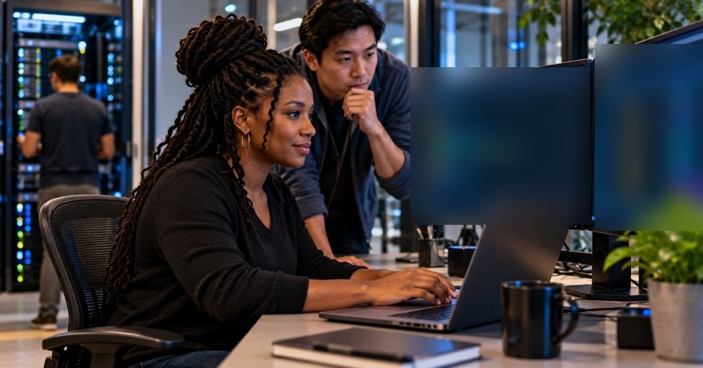 Two IT professionals working together at a modern workstation beside server racks.