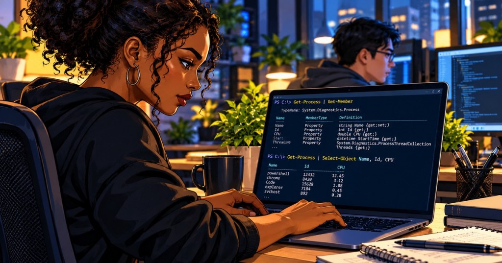 Graphic-novel style scene of a Black woman learning PowerShell objects with Get-Member and Select-Object on a laptop while an Asian colleague works nearby