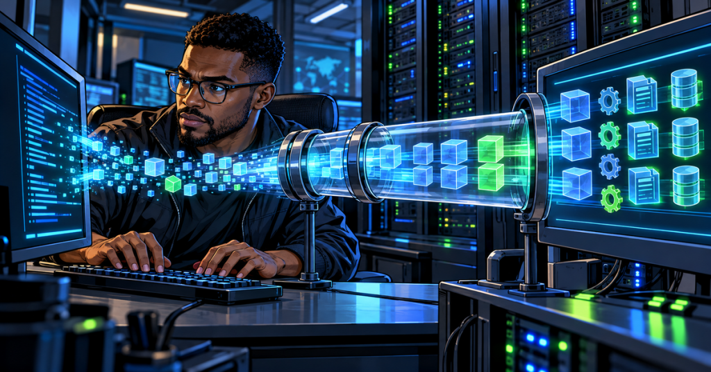 Wordless comic illustration of a systems technician watching structured data objects flow through a PowerShell pipeline between terminal displays.