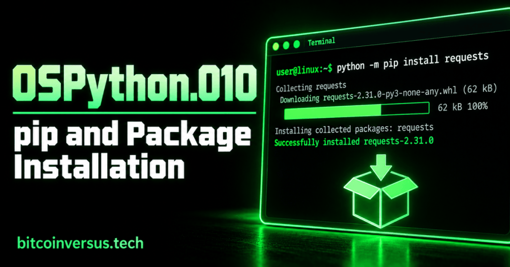 Black and neon-green OSPython.010 cover showing a terminal installing a Python package with pip